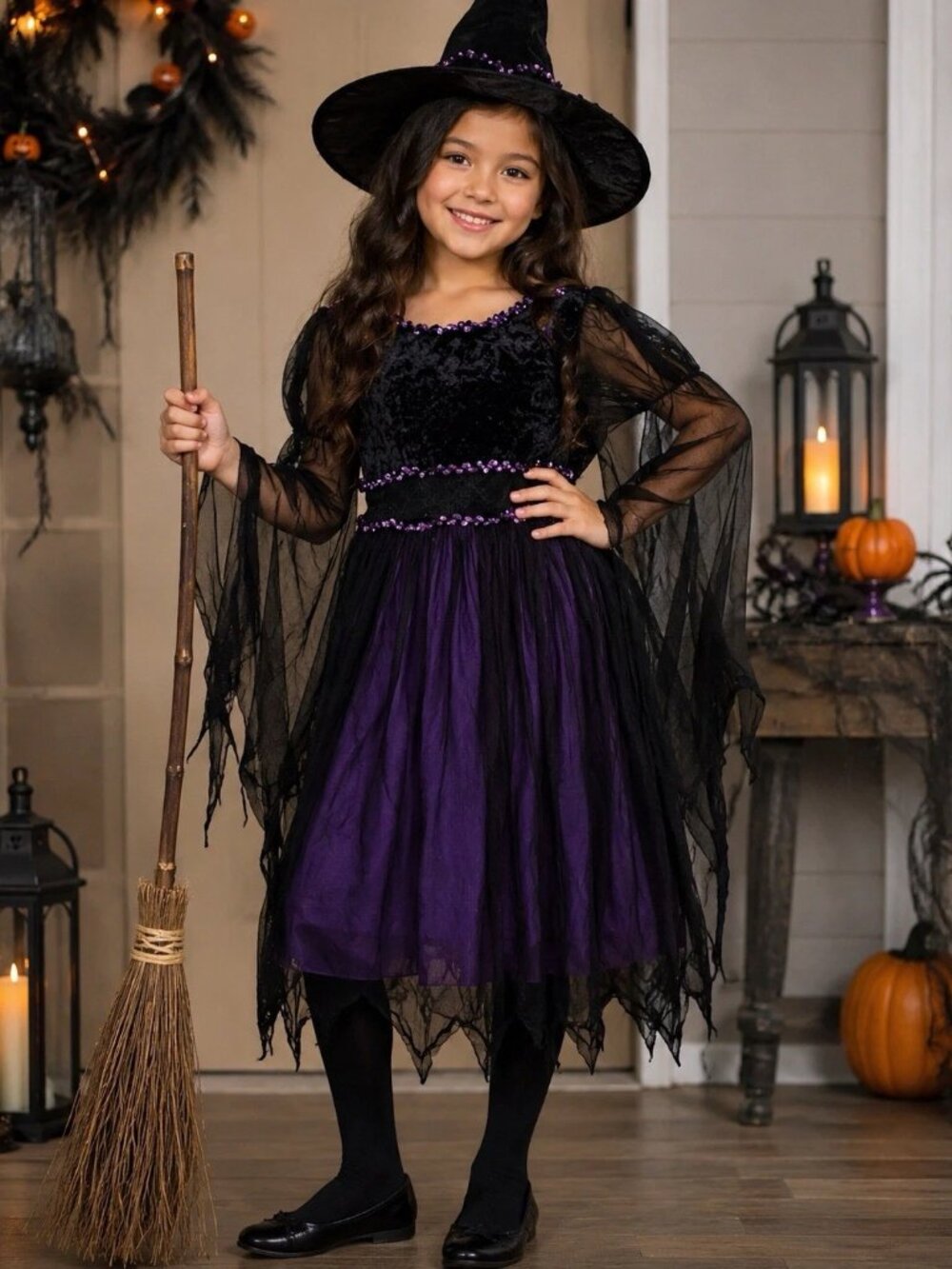 Girls Witch Costume Dress Medium Black Purple Dark Coven Halloween